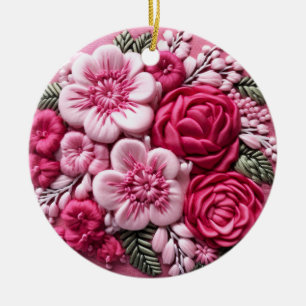 Blossoms in Bloom: Pink Embroidery Art Ceramic Ornament