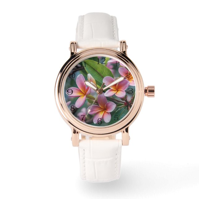**"Blossoms in Bloom: Pink Frangipani Flower Tree Watch (Front)