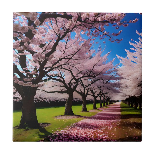 "Blossoms in Bloom: Rows of Cherry Trees in Spring Ceramic Tile (Front)
