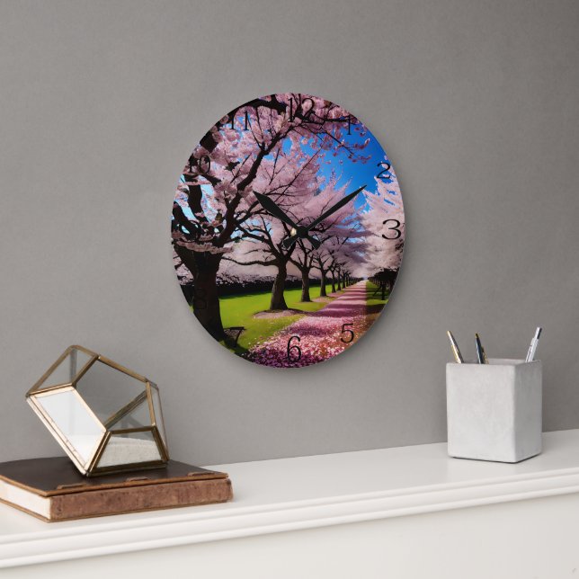 "Blossoms in Bloom: Rows of Cherry Trees in Spring Large Clock (Office)