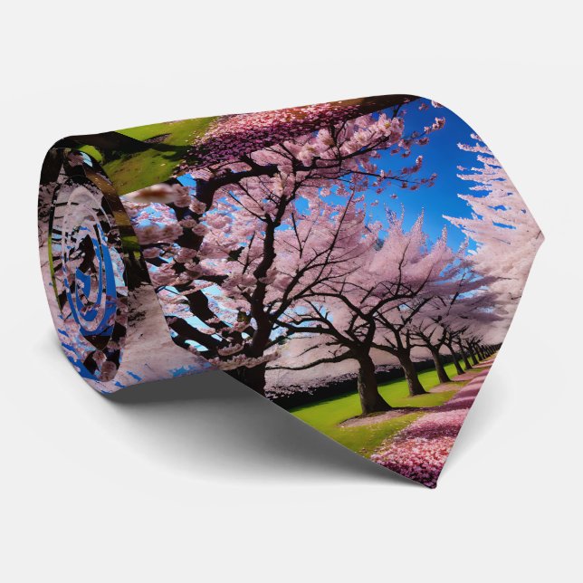 "Blossoms in Bloom: Rows of Cherry Trees in Spring Tie (Rolled)