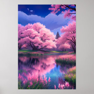 Blossoms on Blue, Sakura Trees by the River Poster