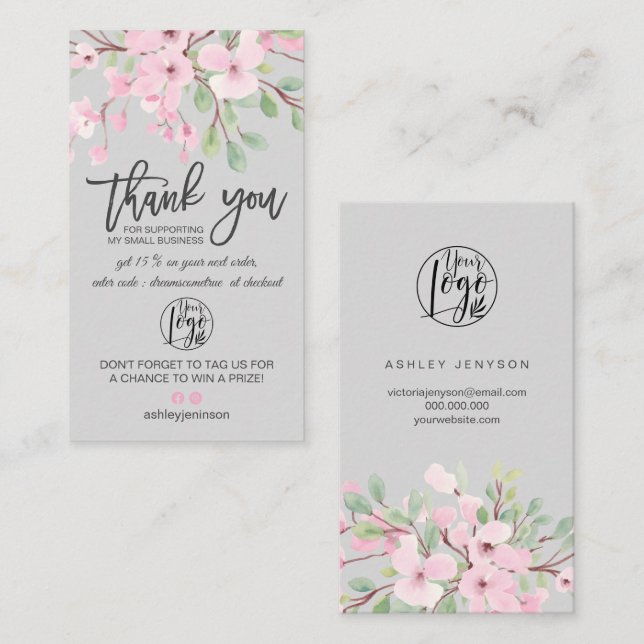Blossoms pink floral logo order thank you business card (Front/Back)