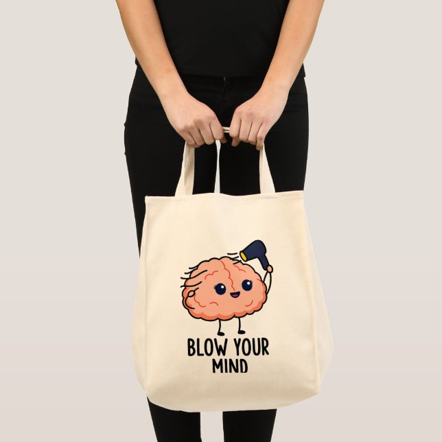 Blow Your Mind Sticker –Cute Brain with Hair Dryer Tote Bag (Front (Product))