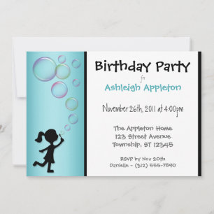 Blowing Bubbles Aqua Birthday Invitations