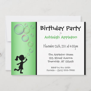 Blowing Bubbles Green Birthday Invitations