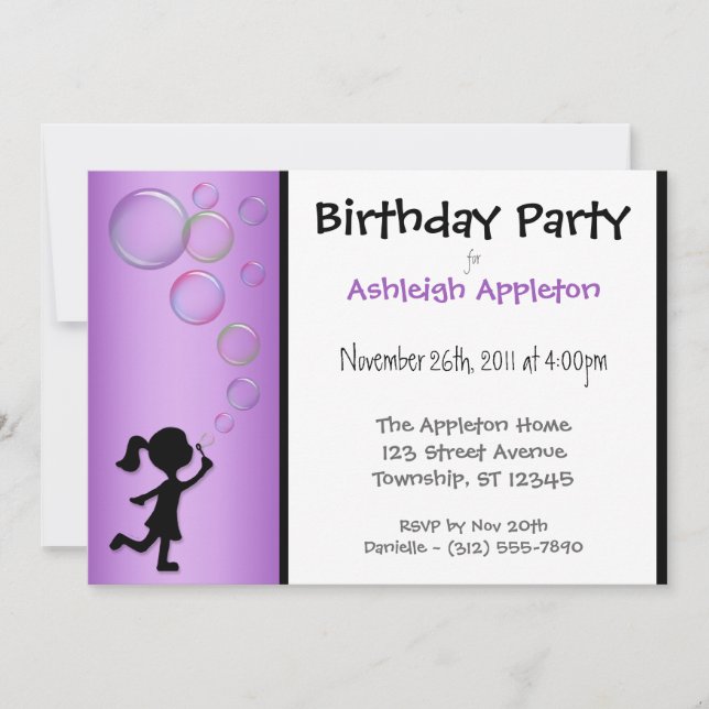 Blowing Bubbles Purple Birthday Invitations (Front)