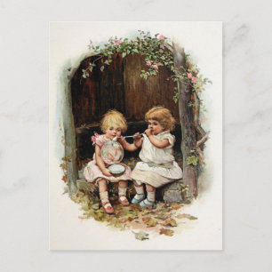 Blowing Bubbles Vintage Girls Postcard