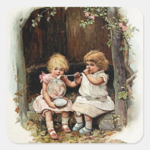 Blowing Bubbles Vintage Girls Square Sticker