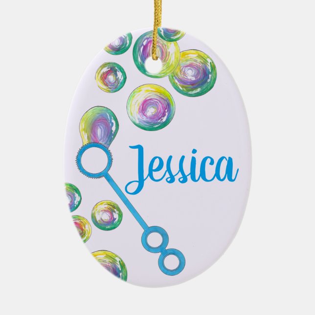 Blowing Rainbow Soap Bubbles Bubble Wand Blue Ceramic Ornament (Front)