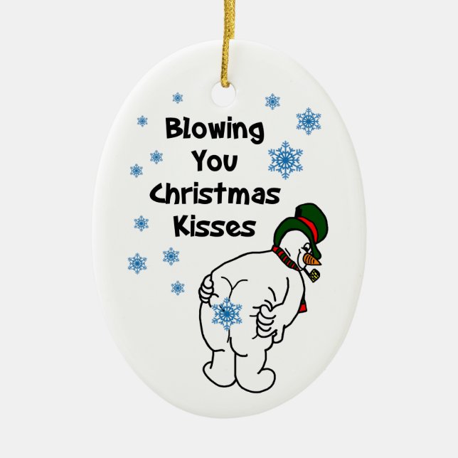 Blowing you Christmas Kisses Snowman Ceramic Ornament (Front)