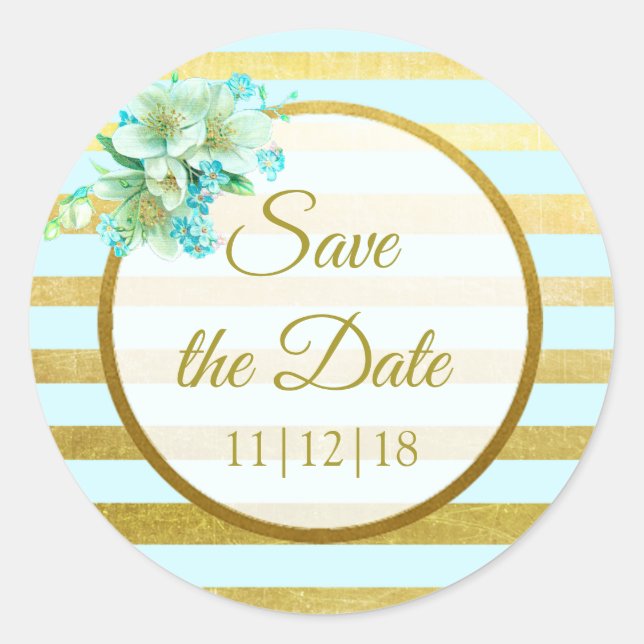 Blu and Gold Floral Save the Date Stickers (Front)