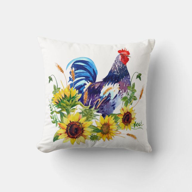 Blu Rooster with Sunflowers Farmhouse Throw Pillow (Front)