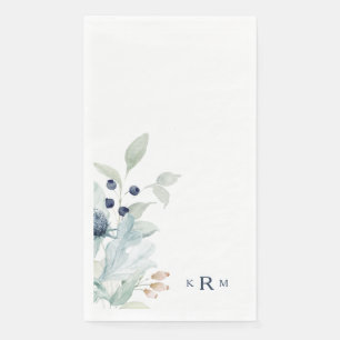 Blu Watercolor Foliage Monogram Paper Guest Towels Napkin