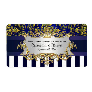 Blu Wht Stripe, Blu Gld Damask H Wine Bottle Label