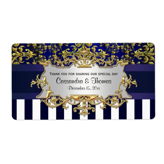 Blu Wht Stripe, Blu Gld Damask H Wine Bottle Label Shipping Label
