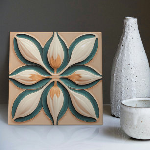Bluch Teal Tulips Symmetric Art Deco Ceramic Tile