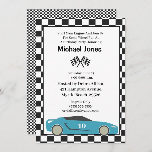 Blue 10th Birthday Race Car Invitation (Front/Back)