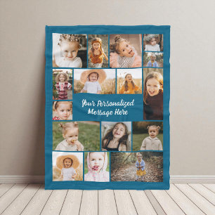 Blue 16 Photo Collage Modern Personalised Custom  Fleece Blanket