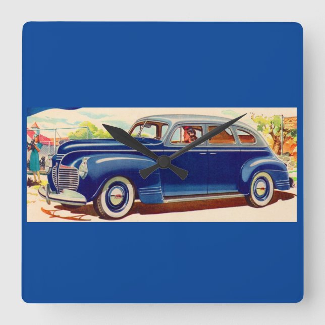 blue 1941 Plymouth Square Wall Clock (Front)