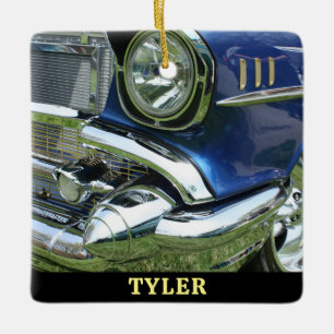 Blue 1957 Chevy Vintage Car, Yel. Name, Your Photo Ceramic Ornament