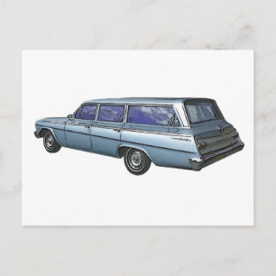 Blue 1962 Chevrolet station wagon. Postcard
