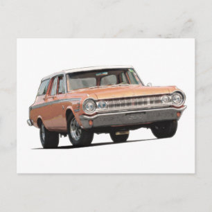 Blue 1964 Dodge station wagon. Postcard