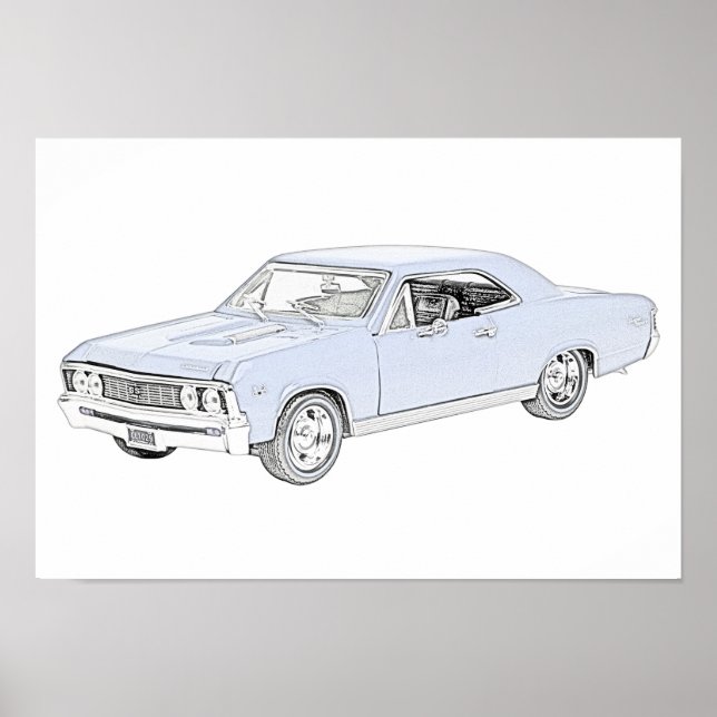 Blue 1967 Chevy Chevelle Pencil Style Drawing Poster (Front)