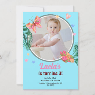 Blue 1st Birthday Butterfly Invitation with Photo