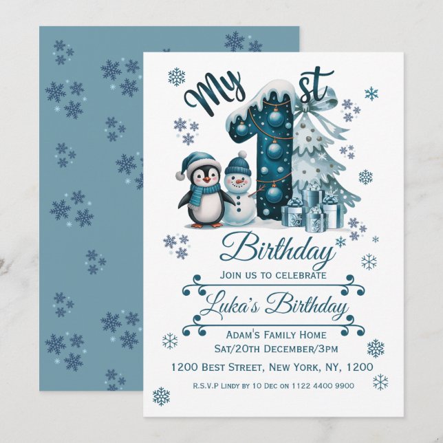 Blue 1st Birthday Christmas Invitation (Front/Back)