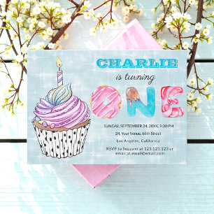 Blue 1st birthday Cute Cup Cake Invitation