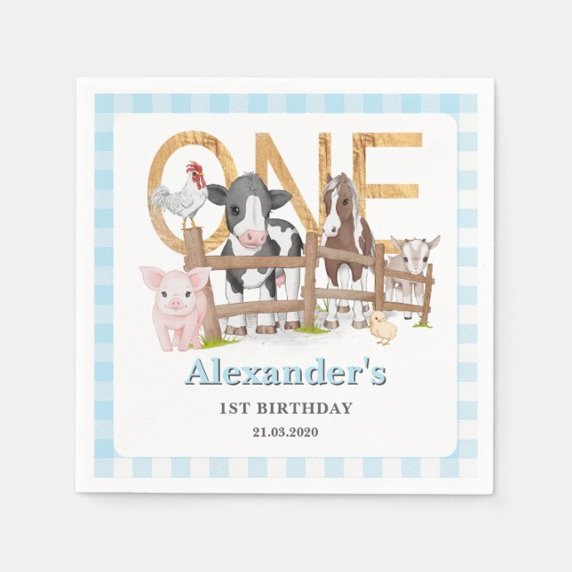 Blue 1st Birthday Farm Animals Barnyard Kids Napkin (Front)