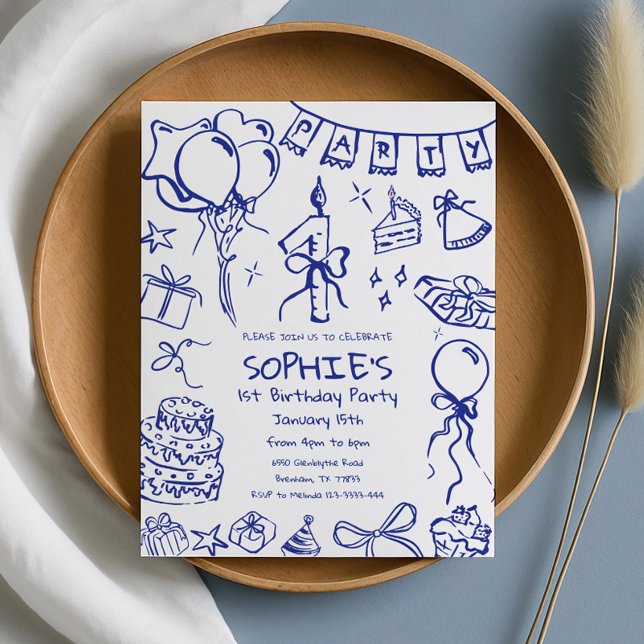  Blue 1st Birthday Invitation, Hand Drawn Birthday Invitation (Creator Uploaded)