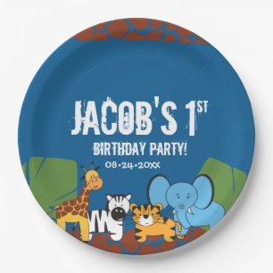 Blue 1st Birthday Jungle Safari  theme Paper Plate