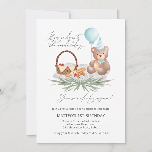 Blue 1st Birthday Teddy Bear Picnic Balloon Invitation (Front)