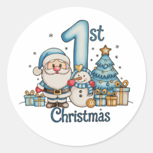 Blue 1st Christmas Santa Snowman Xmas Baby Boy Classic Round Sticker