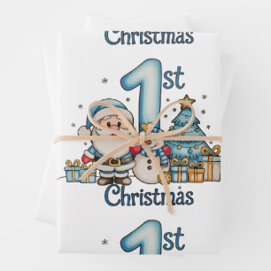 Blue 1st Christmas Santa Snowman Xmas Baby Boy Wrapping Paper Sheet