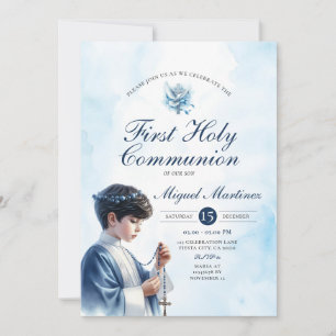 Blue 1st Holy Communion Boy Praying Silver Cross Invitation