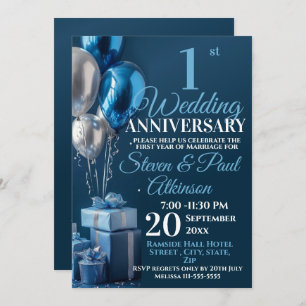 Blue 1st Wedding Anniversary Balloon Gifts Invitation
