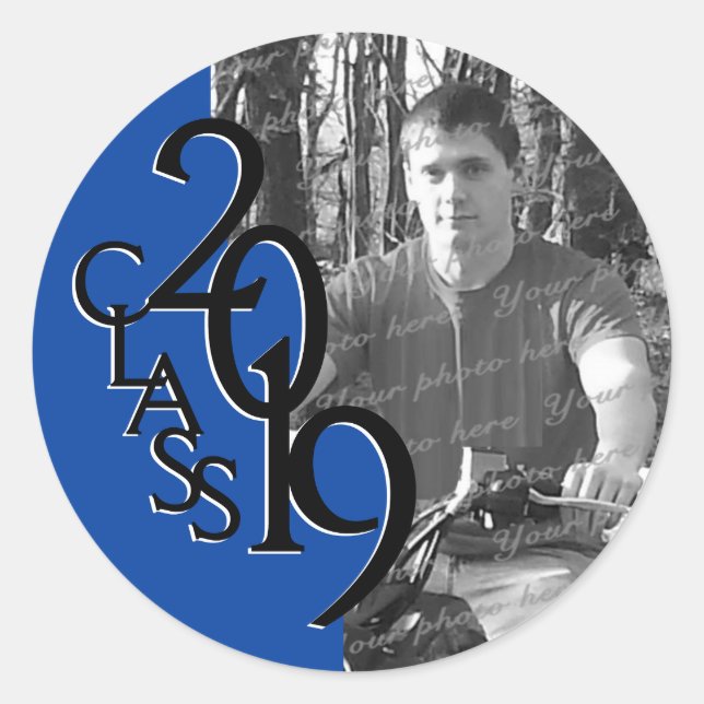 Blue 2019 Graduation Class with Photo Classic Round Sticker (Front)