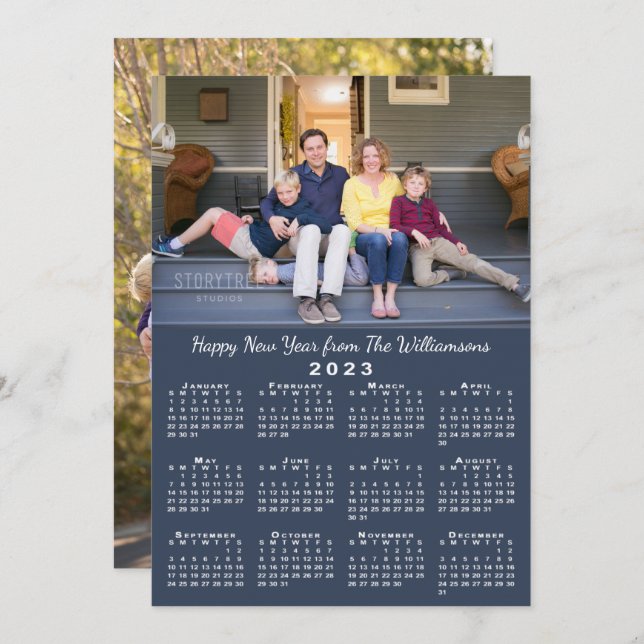 Blue 2023 Calendar 2 Custom Photos Happy New Year Holiday Card (Front/Back)