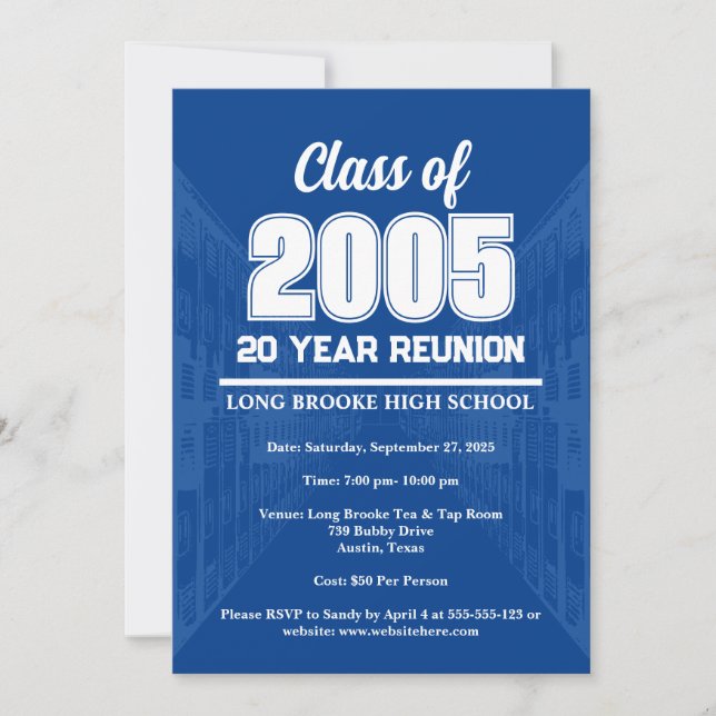 Blue 20 Year High School 2005 Class Reunion Invitation (Front)