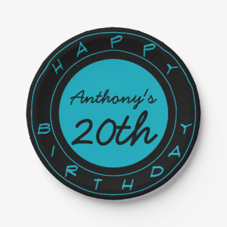 Blue 20th Birthday Party Personalised Paper Plates