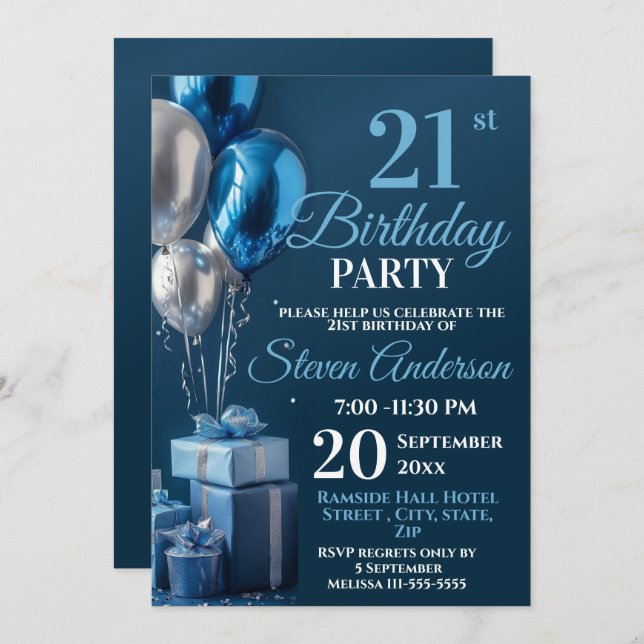 Blue 21st Birthday Balloon Gifts Invitation (Front/Back)