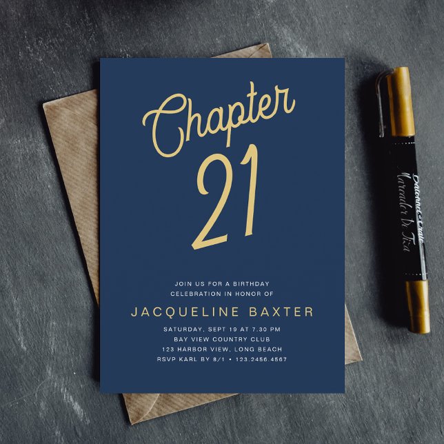 Blue 21st Birthday Gold Script 21 Birthday Invitation (Creator Uploaded)