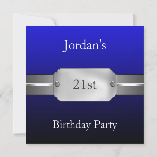 Blue 21st Elegant Male Birthday Invitation (Front)
