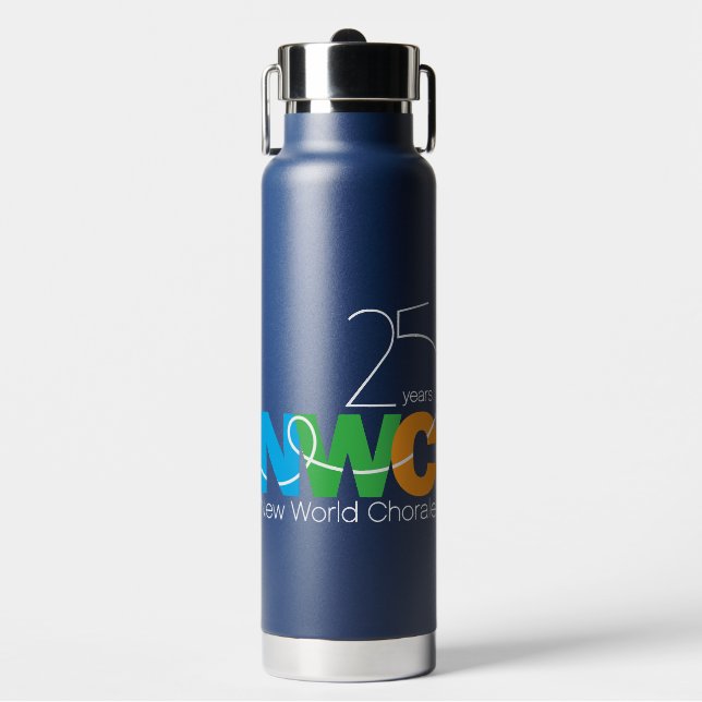 Blue 25th Anniversary NWC Water Bottle with Straw (Front)