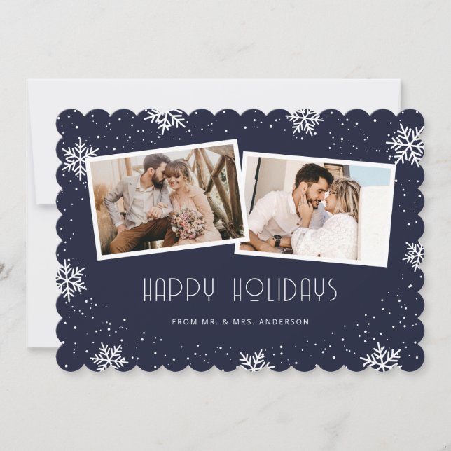 Blue 2 Photo Newlywed Happy Holidays Card (Front)