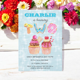 Blue 2nd Birthday Cute Cup Cake Invitation