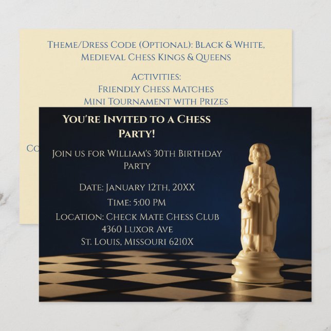 Blue 30th Birthday Party Chess Bishop  Invitation (Front/Back)